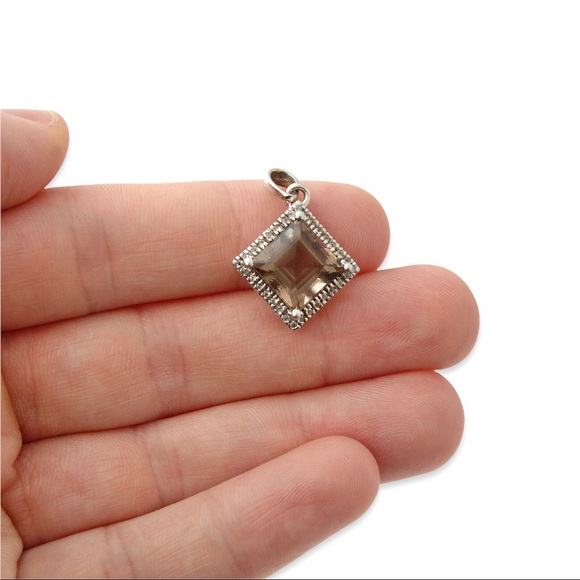 Estate Smoky Quartz Sterling Silver Pendant White Topaz Halo Square Step Cut - Picture 5 of 5